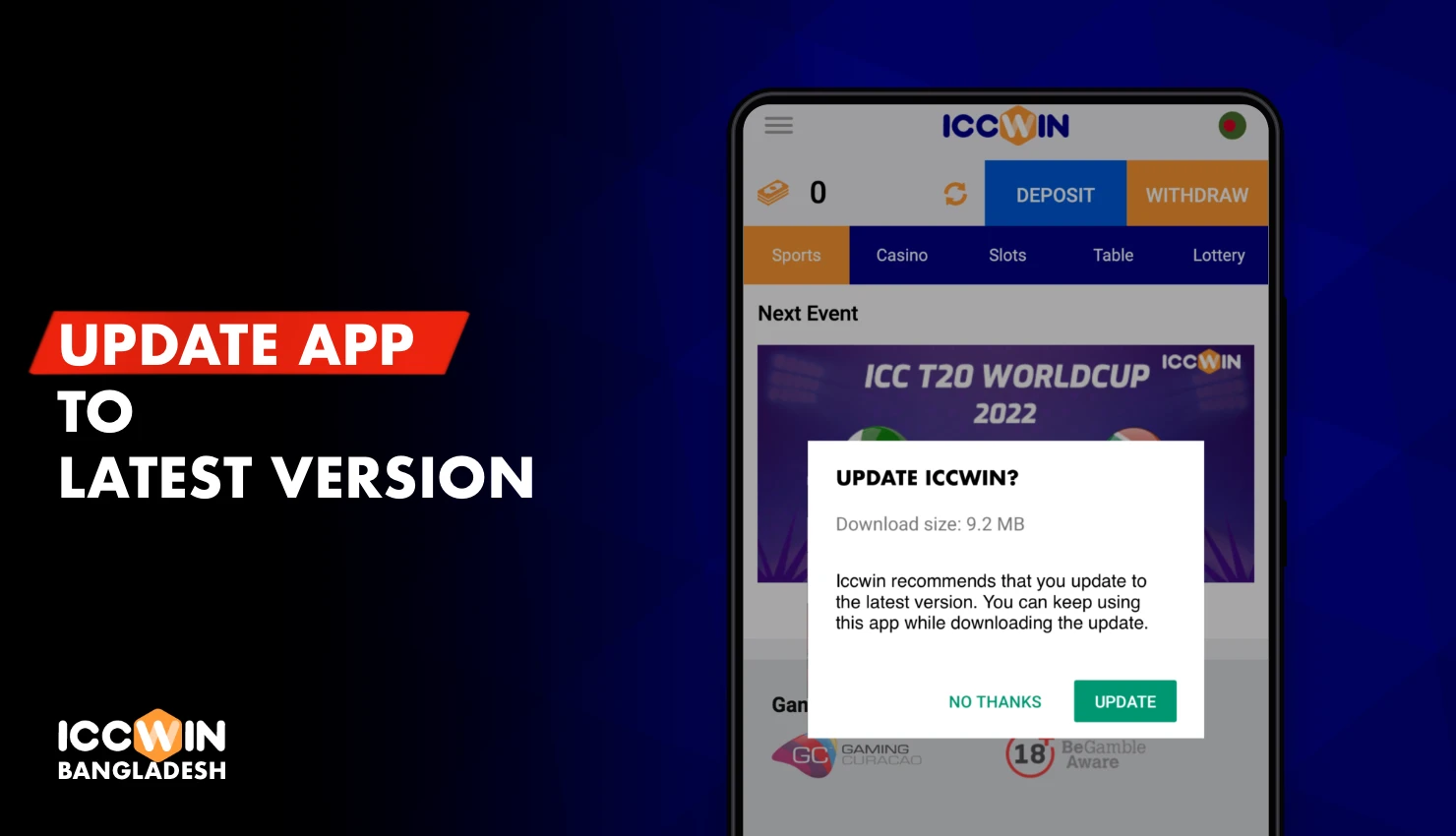 To update the Iccwin mobile app, click on the appropriate button when the latest version of the software appears